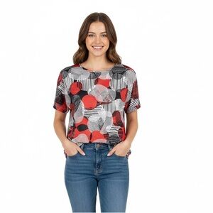 NWOT Stylish Red and Black Geometric Women's Top Stretchy Short Sleeve